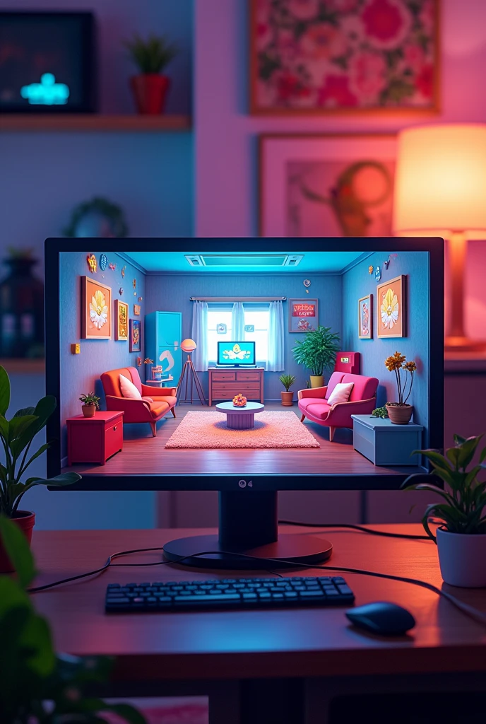 An image on a computer screen with PC PLAyroom written on it. Front camera angle