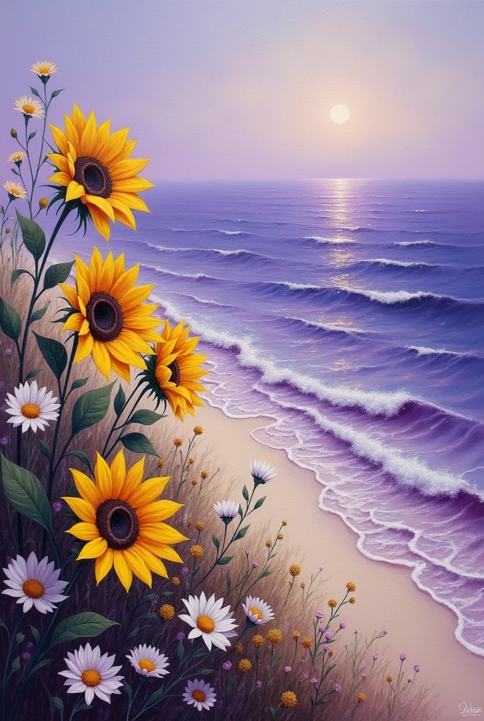 I want an oil painting that has sunflowers and small white flowers that are looking out to sea, plus sunflowers without the yellow background. I want a purple sea.