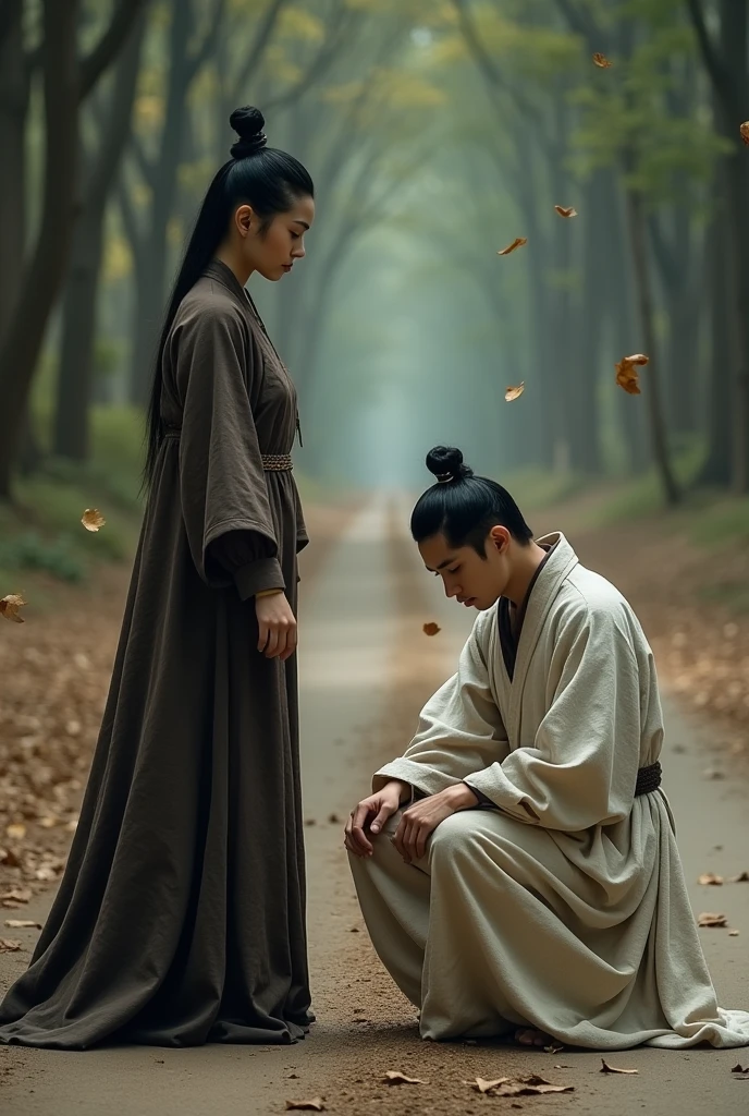 A 30-year-old woman in a dark brown dress with a cold face in the full Tang Dynasty Chinese regalia is on the road looking at a young man in a white dress stained with red blood sitting leaning against a big tree in the middle of the forest. He is sitting with his head bowed, his legs stretched out straight, and his hands at his sides. The atmosphere of the forest where the road passes through dry soil and dust blows through the leaves. Ancient Tang Dynasty Chinese regalia is realistic and real.