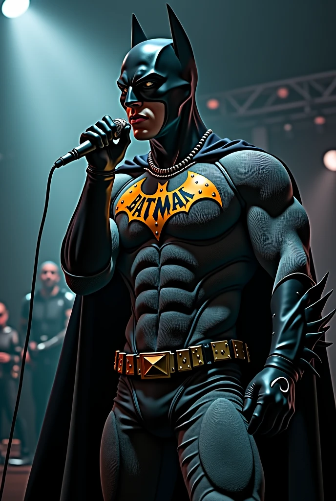 persona rapeando, evening, logo drawing dressed as a bat superhero rapping with a microphone




