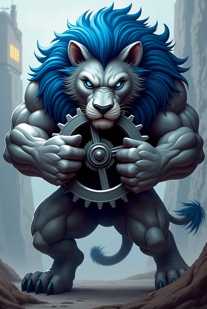 Very angry grey lion with blue eyes and a blue mane as a mascot holding a gear