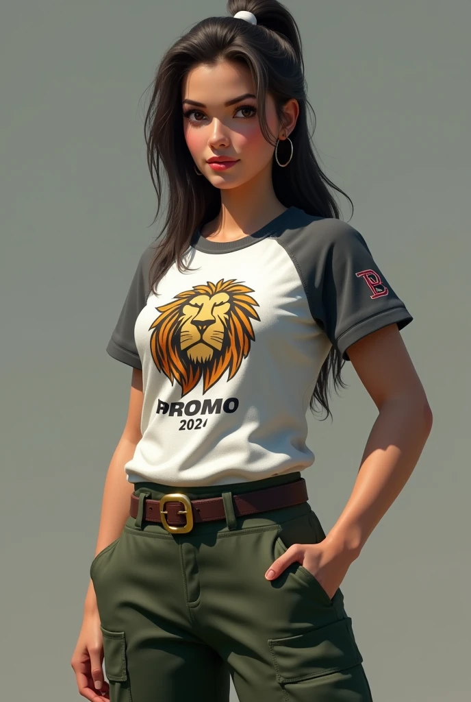 A young woman wearing military green cargo pants with a white and gray t-shirt with a lion logo and a phrase that says promo 2024