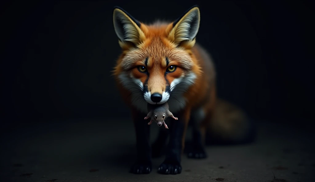 There is a shadow、Photorealistic、Ultra HD、The fox is holding a mouse in his mouth、Front view