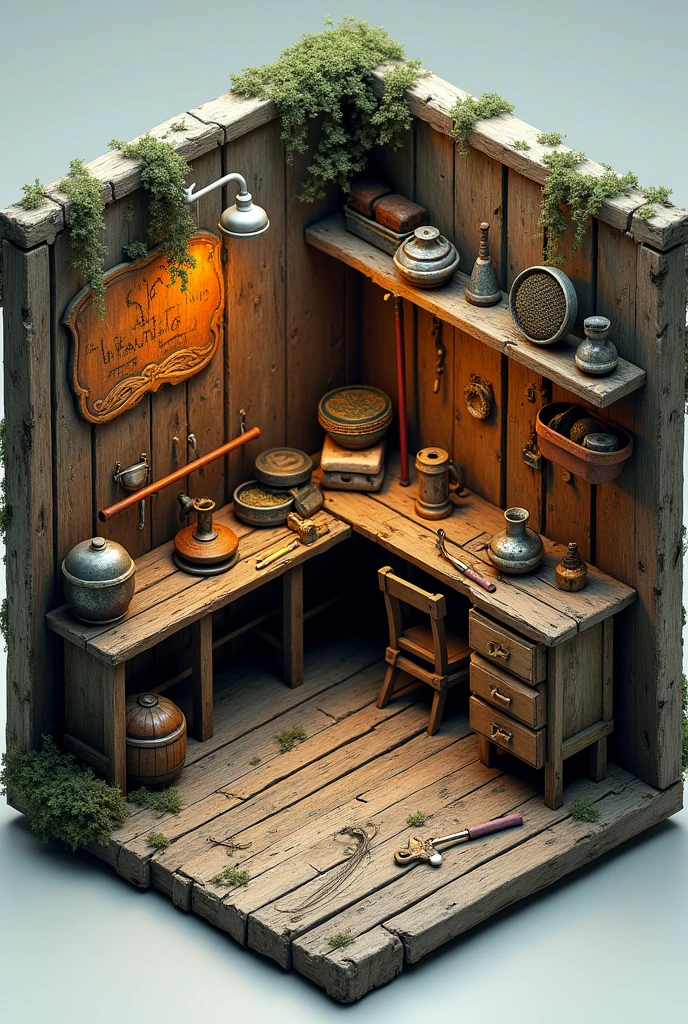 fishing room collector full with rots and other things for fishing. miniature layout, isometric view. full room elevation 
