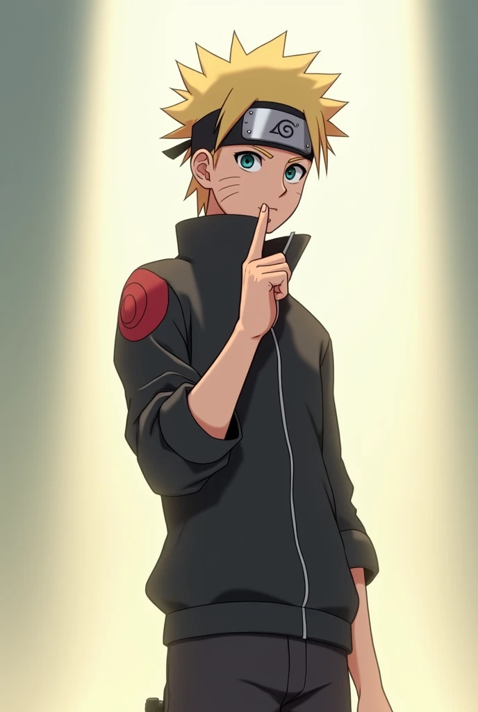 Cute Naruto anime character, standing confidently with one finger raised, signaling a point or idea with a calm and knowing expression on his face. He has short, spiky hair and wears a casual outfit with a fitted jacket. The background is a soft, glowing light that adds a serene and wise atmosphere to the scene. His pose is relaxed yet deliberate, giving off an aura of confidence and mystery."