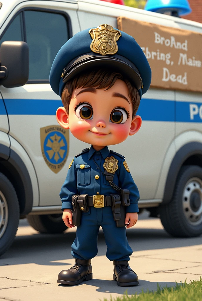 A child wearing an officer's uniform, with a police vehicle behind him and a sign written on it
, caricature illustration, cartoon digital painting, cartoon digital art, caricature style, cartoon digital art, cartoon portrait, Cartoon digital painting art, couple portrait, in cartoon style, caricature!!!, caricature, cartoon art style, stylized digital illustration, caricature, caricature