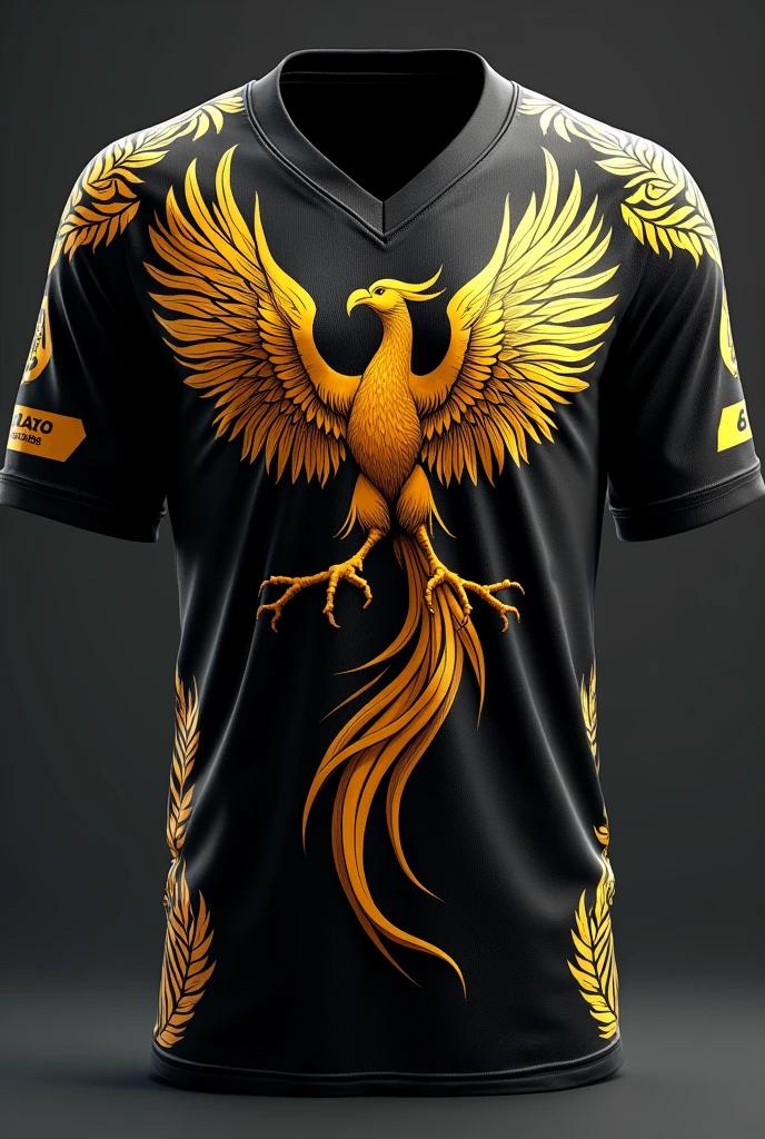 Create a sports jersey with a black base and a golden phoenix rising from the bottom of the shirt, its wings spreading across the chest and back. The phoenix should be detailed with intricate feather patterns, symbolizing rebirth and resilience. The sleeves should remain black with golden feather accents near the cuffs. Include a bold golden player number on the front and back, completing the powerful and inspiring design.