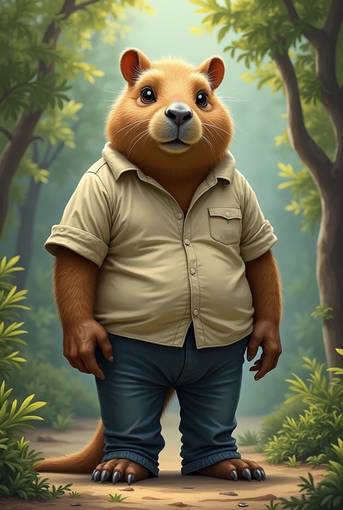Language teacher without glasses and half old combined with a capybara with a shirt and jeans