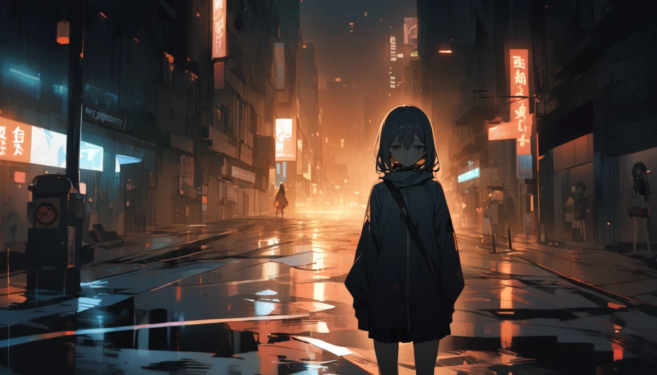 A sad woman standing at a deserted intersection in the middle of the night