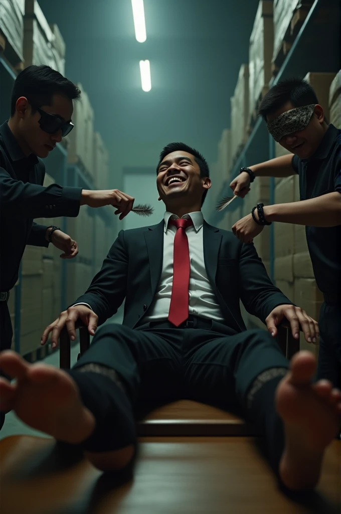 Malaysia malay handsome 21 years teacher
His hand tied up  in warehouse 
Blindfolded
Black Suit and Red tie
feet on desk
feather
5 toes each feet 
Black sock
Smock effect smelly sock
2 man holding feather tickle his feet
He laugh very hard

