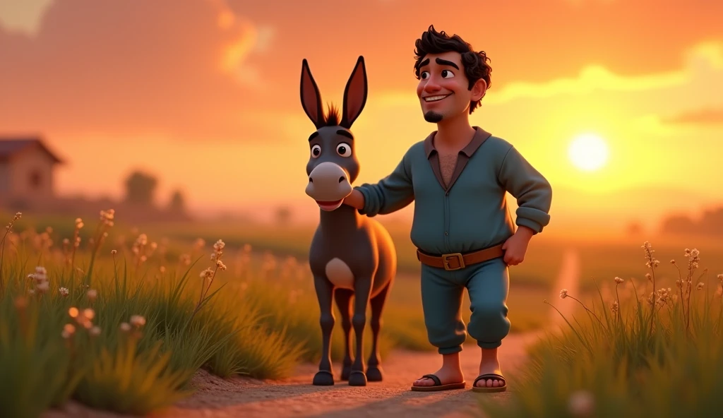Washerman is a male, 40 years old with dark brown eyes, curly hair. He has a smug expression, wearing a blue-themed shirt and pants with brown sandals, leading the donkey back home. In the background, a sunset over the fields. The washerman looks pleased with his clever plan. Pixar 3D style.