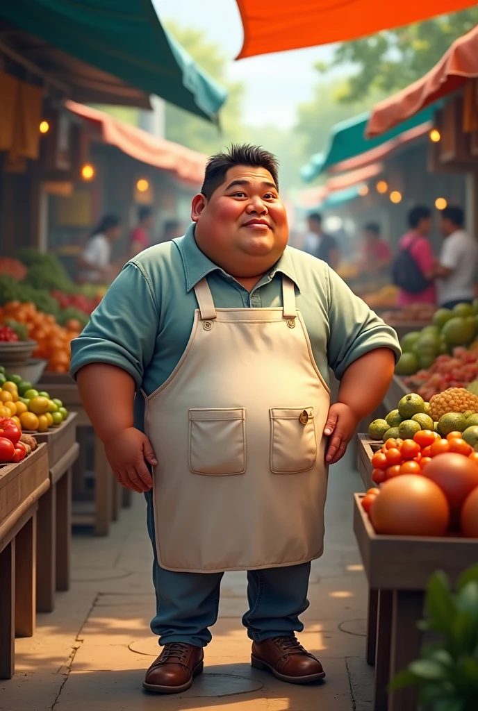 Casual Filipino white hot chub man in a market with apron