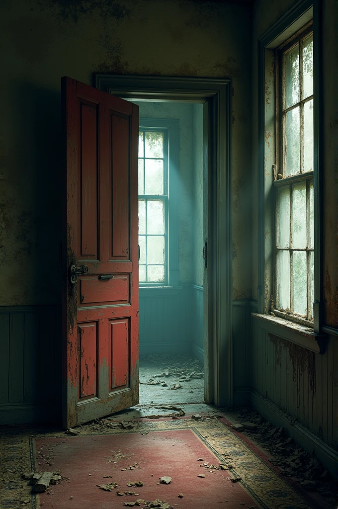 the red-painted front door dangling off its hinges, like a mom hanging open.
They stepped through and the inside of the house wrapped them up in its dim light. The windows were fogged over by moss and grime, and the old carpet crunched under their fee, covered in stains. It even smelled abandoned in here: mildew and must and dust