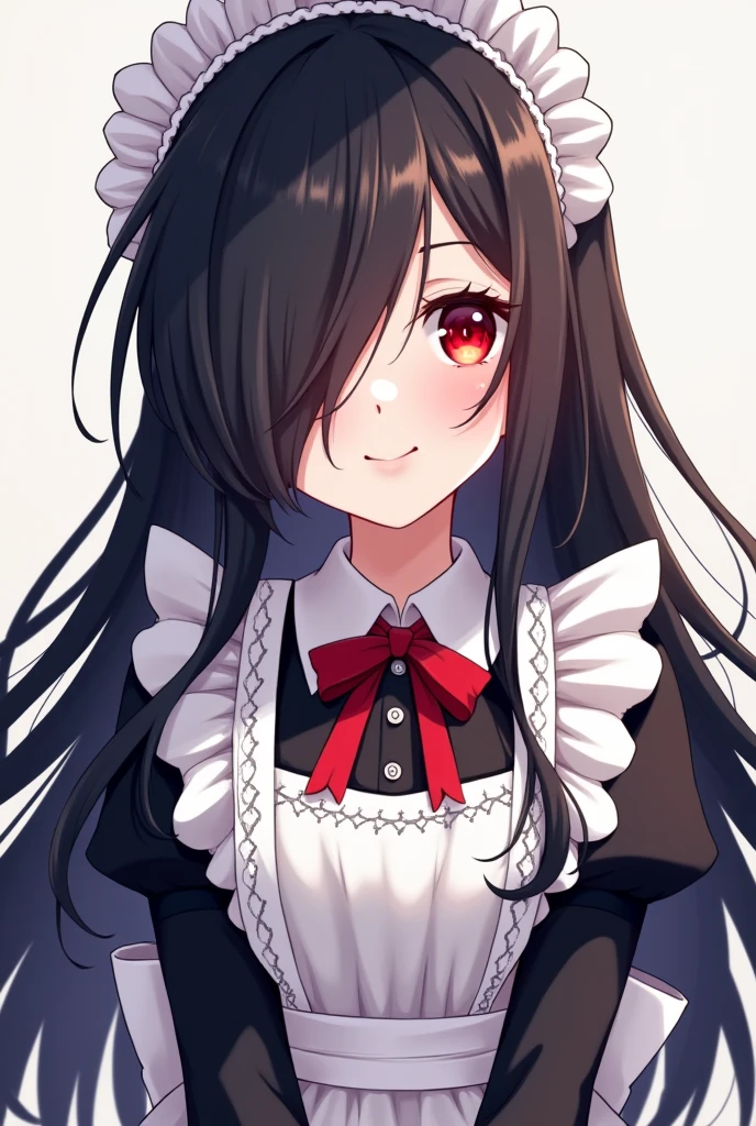 Anime style, 2d style, Anime girl, close up, long black hair with bang covering one eyes, red eyes, cute maid uniform, no background