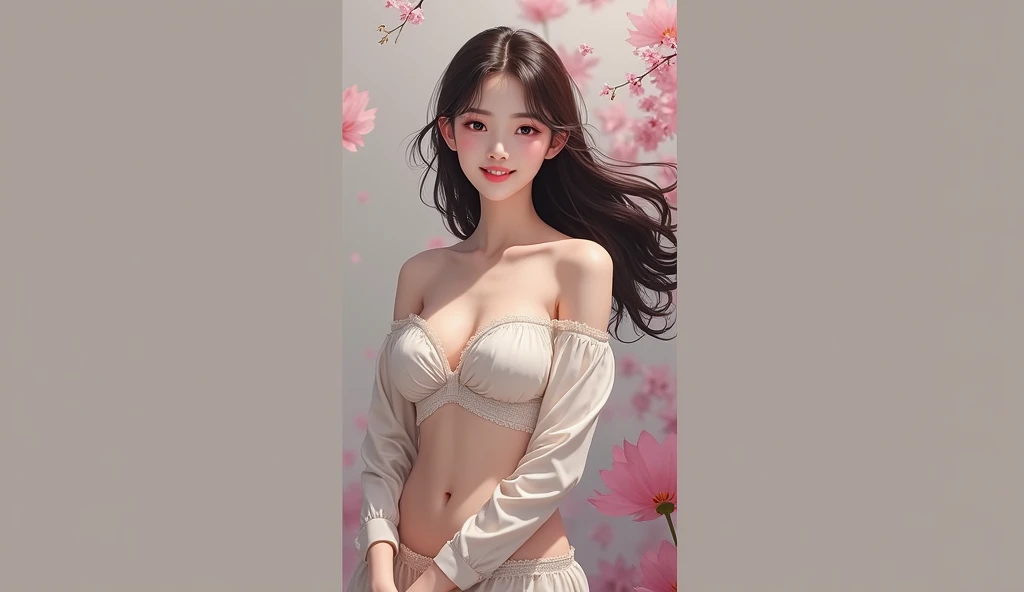 a beautiful young japanese woman with large breasts, smiling, anatomically correct, highly detailed, 8k, photorealistic, cinematic lighting, intricate detail, delicate skin, flowing brown hair, cute japanese idol, cropped tube top, no shoulder straps, narrow top