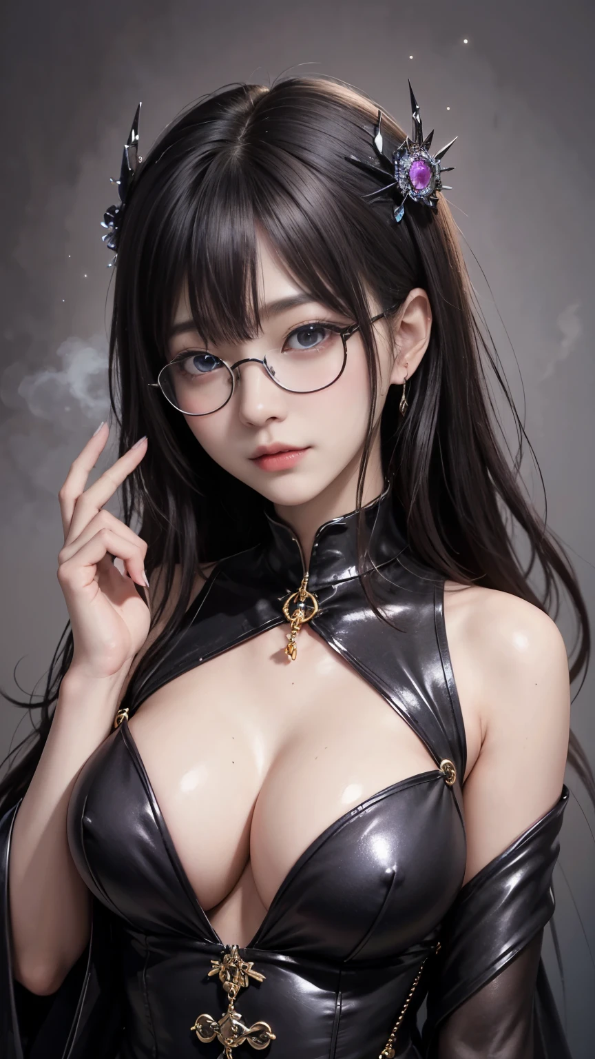 (最高qualityのディテール)、Realistic、8K Ultra HD、High resolution、(One Girl:1.2),(((Glasses、Fatal Beauty,Attractive beauty))) ,(A supple and powerful physique),(Sensual魅力),(Mysterious charm:1.1),(Big Breasts、Captivating silhouette),The 超detailedな、高qualityのテクスチャ、複雑なdetailed、detailed、非常にdetailedなCG、高qualityの影、detailed 美しく繊細な顔、detailed 美しく繊細な目、Written boundary depth、Ray Tracing、20th Generation、Cute K-Pop Girls、(The Face of Ulzan in Korea)、Thin face、(Urzan-6500-v1.1:0.6)、PurerosFace_v1、Glowing Eyes、Perfect body、 Viewer Display、(最高qualityのディテール:1.2)、Realistic、8K Ultra HD、High resolution、Woman close up， realistic girl rendering, 8k artistic german bokeh, Enchanting girl, Real Girls, Gurwitz, Gurwitz-style artwork, Girl Roleplay, Realistic 3D style, cgstation Popular Topics,, 8K Portrait Rendering,（truth，truth：1.4），(Sparkling eyes girl:1.2)、Best image quality, 最高quality, Realistic, 超detailedな, Realistic, 4K 8K Ultra HD Full Color RAW Photos, Fujifilm(Medium format), Hasselblad, Carl Zeiss, Incredible dynamic range photography(utility_art：Smooth-768:1.1),High resolution, High pixel count, 明確なdetailed, Clear images, natureな色再現, Noise Reduction, High fidelity, quality, Software Improvements, Upscaling, Optimized Algorithms, Professional-level retouching, lipstick, eyeliner, eye shadow, Beautiful Eyes,Sensual, Iridescent, Shiny, Fantasy, Provocative, Rotten Flesh and Stitches, Monstrous, Horror, Scared, 気味のevilい, 吸Blood鬼,  Blood,  Elvira Mistress of the Dark, Exposed large breasts,  Oily skin , Graves,  Blood,  Spread your legs、Noir painting of a beautiful young witch,dark purple lips, evil, evil女, smile, Black Prom Dress, She is coming to you, close, Bright Blue Eyes, Surrounded by swirling pink smoke, Genuine, Attention to detail, Esoteric arachnids lady, Spider Queen, Esoteric arachnids, Combat Stance, ( The body is made with liquid metallic paints in metallic mauve and metallic black.......、It beautifully depicts the female form.......。), length, Sharp Fangs, nature, ((Complex metallic colors in the foreground)),  (( Fluid Mechanics, The most beautiful smooth scale face makeup, Smirking expression)) - 黒ずんだBlood, Onyxia、