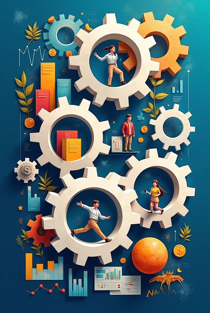 Create a three-dimensional gear Circles and squares, currencies, coins, banknotes, graphs and many images of businessmen and businesswomen. Using watercolor and mixed media, bright colors are used. The light source is in the upper right corner. There are large white gears. The background is blue. --ar 2:3