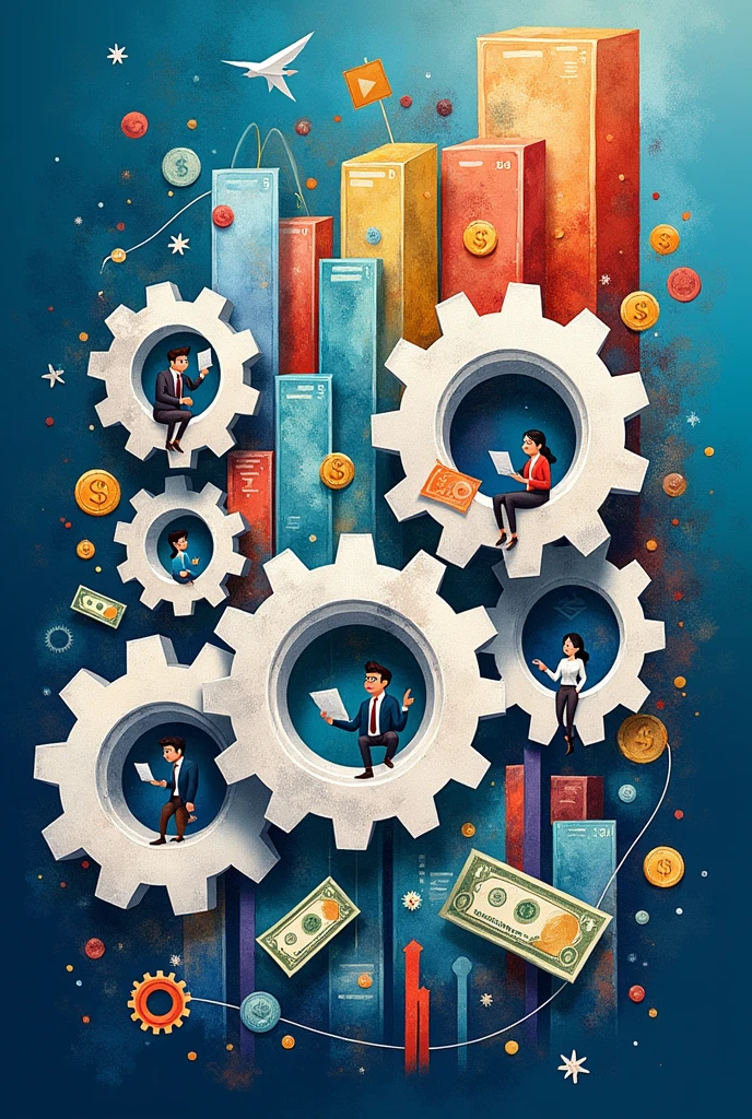 Create a three-dimensional gear Circles and squares, currencies, coins, banknotes, graphs and many images of businessmen and businesswomen. Using watercolor and mixed media, bright colors are used. The light source is in the upper right corner. There are large white gears. The background is blue. --ar 2:3