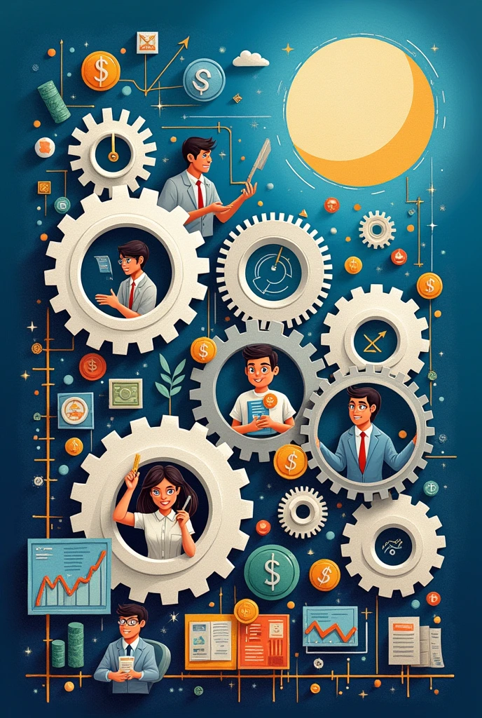 Create a three-dimensional gear Circles and squares, currencies, coins, banknotes, graphs and many images of businessmen and businesswomen. Using watercolor and mixed media, bright colors are used. The light source is in the upper right corner. There are large white gears. The background is blue. --ar 2:3