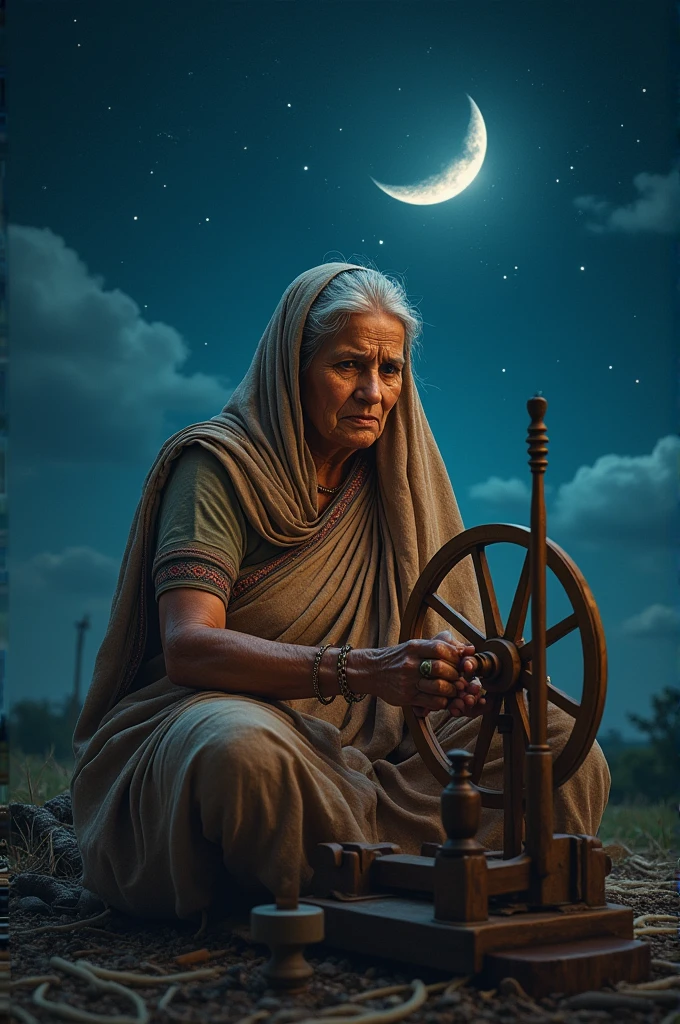 Picture of a old woman wearing full covered saree sitting under the moon spinning wheel and a big sky in background