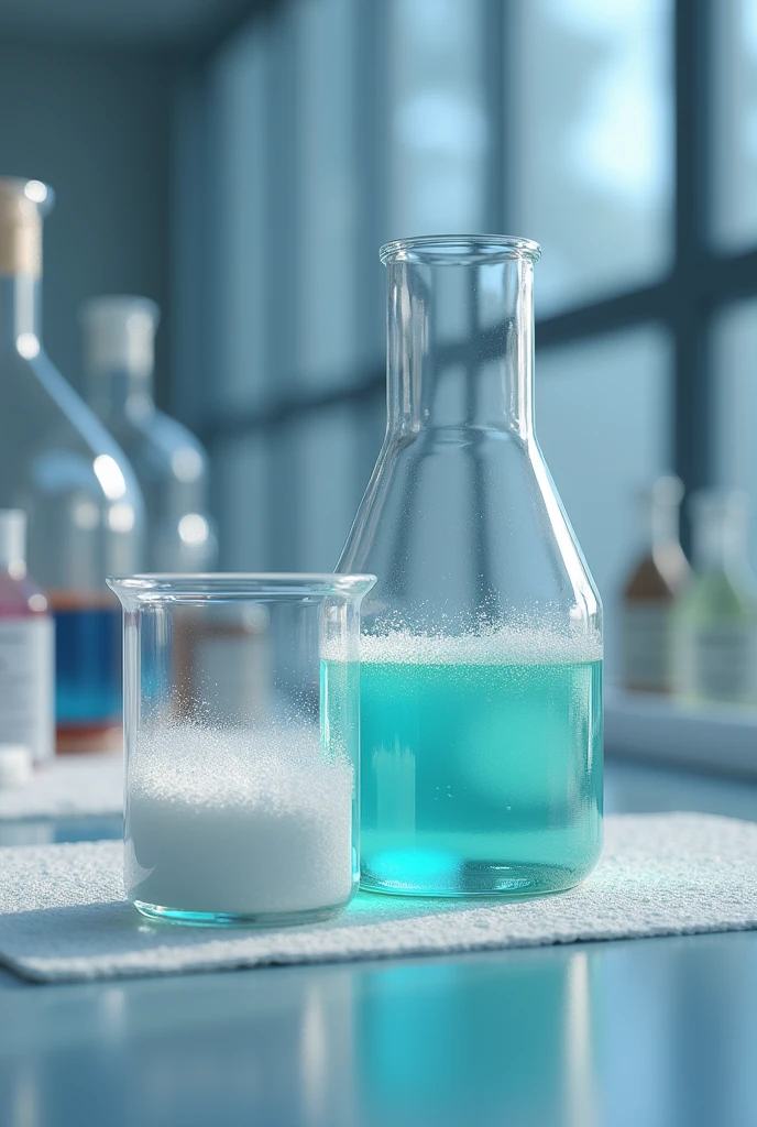 a beaker containing a petroleum emulsion and next to it a laboratory watch glass containing barium sulfate
