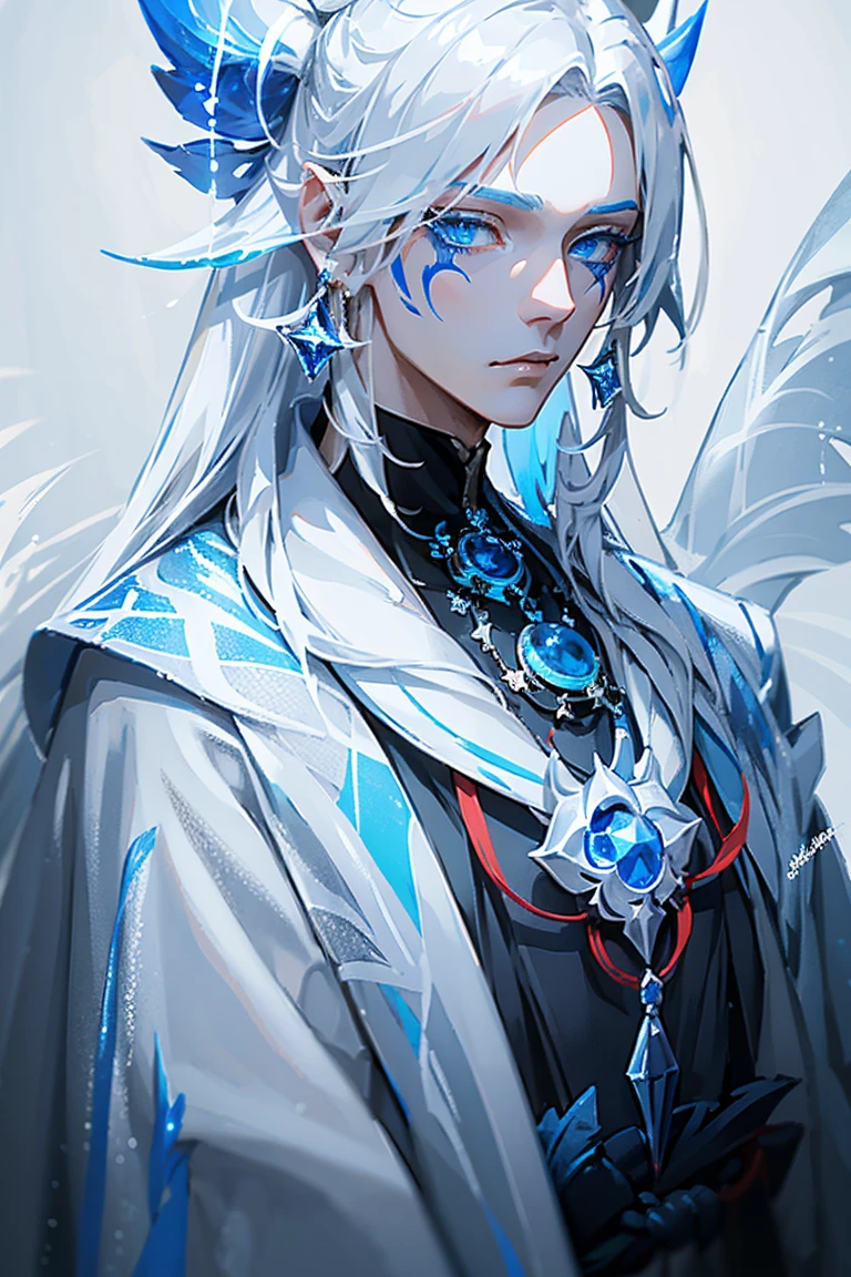 1 men ，(close-up of the upper body)，(Detailed facial details:1.2, beautiful eyes, White hair、and blue eyes)、Anime character with blue cape, cute outfits, heise jinyao, sylas, Detailed art of Onmyoji, retrato de onmyoji, offcial art, Paint Splatter Art