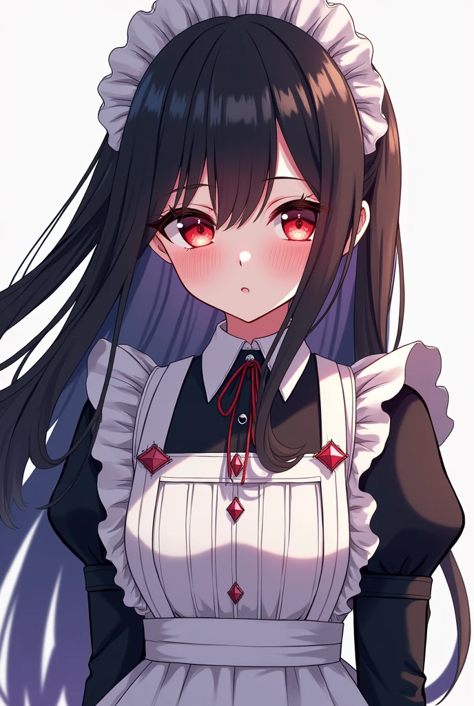 Anime style, 2d style, Anime girl, close up, long black hair with bang covering one eyes, red eyes, cute maid uniform, no background