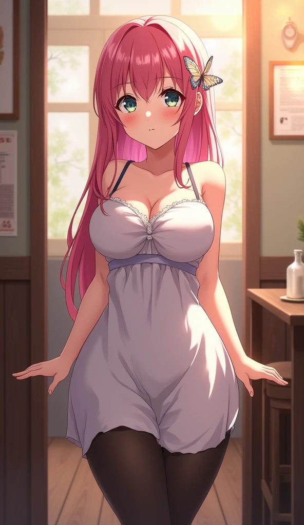 Show entire body, feet in view, 1girl, solo, nakano nino, pink hair, butterfly hair ornament, black pantyhose, (naked:1.3), (white apron), large breasts, cleavage, thighs, barefoot, cafe background, (blushing:1.3)