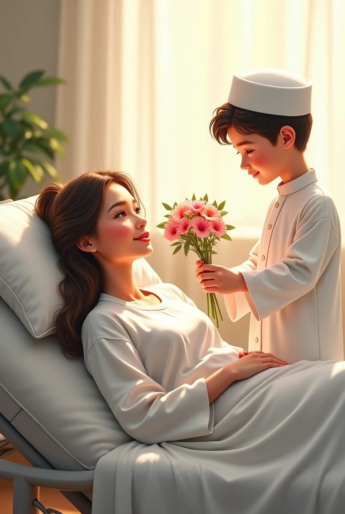 a young man who is 2 he is wearing white panjabi, white pajama and Islamic hat in his right hand some flowers he is giving those flowers to a young girl and she is smiling, she is reclining on a pillow in a medical