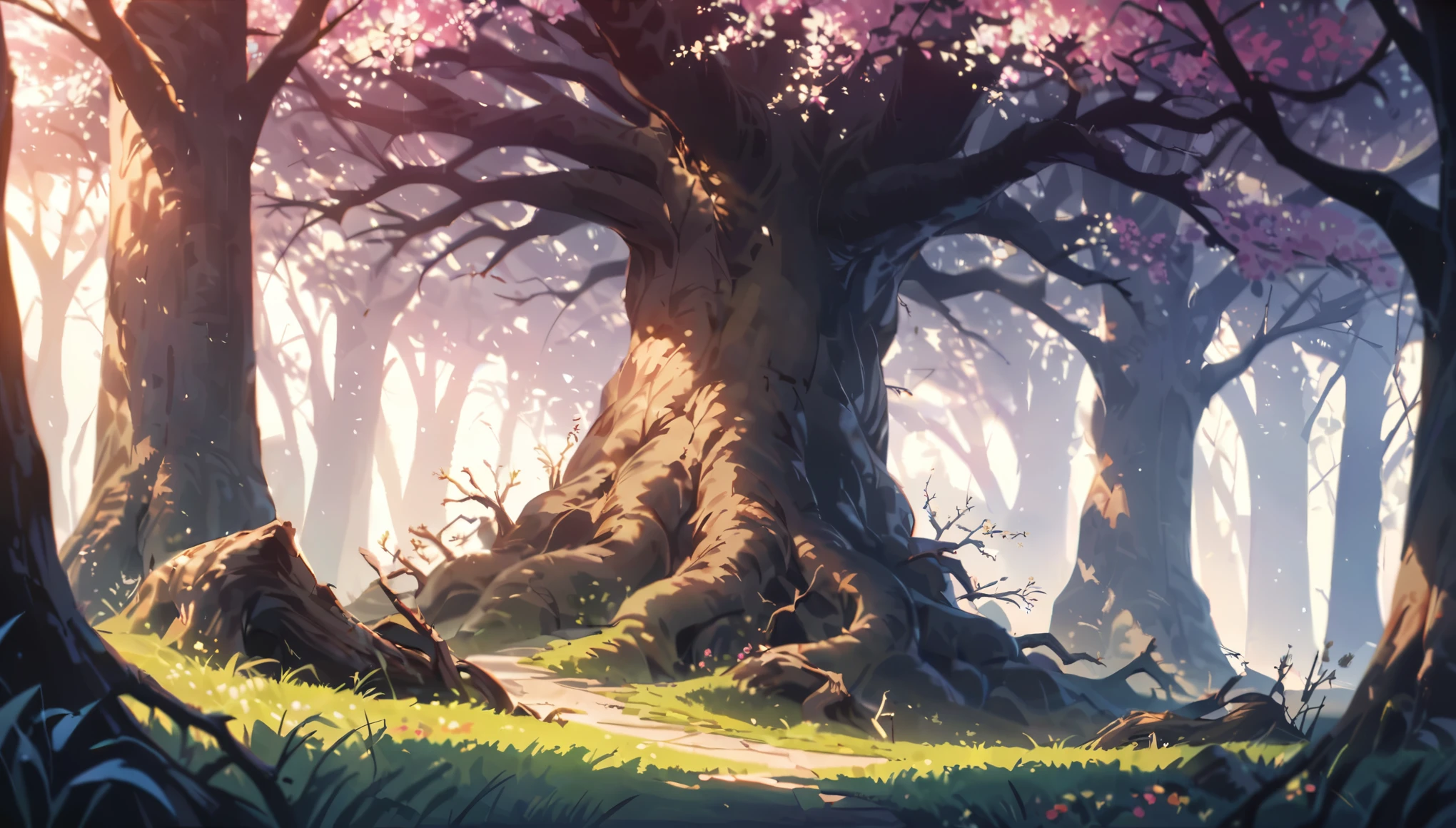 At the edge of the road stands a huge oak tree with broken branches and bark covered with old sores. The oak tree is two girths wide, with clumsy, gnarled arms and fingers, it looks angry and ugly. It stands among the smiling birches that make up the forest. Spring, sun, flowers and grass surround the oak tree, but it remains gloomy, motionless and ugly. Dead firs are visible in the distance., wide shot, from side, atmospheric perspective, perspective, 8k, 4K, highres, best quality, award winning, super detail, masterpiece