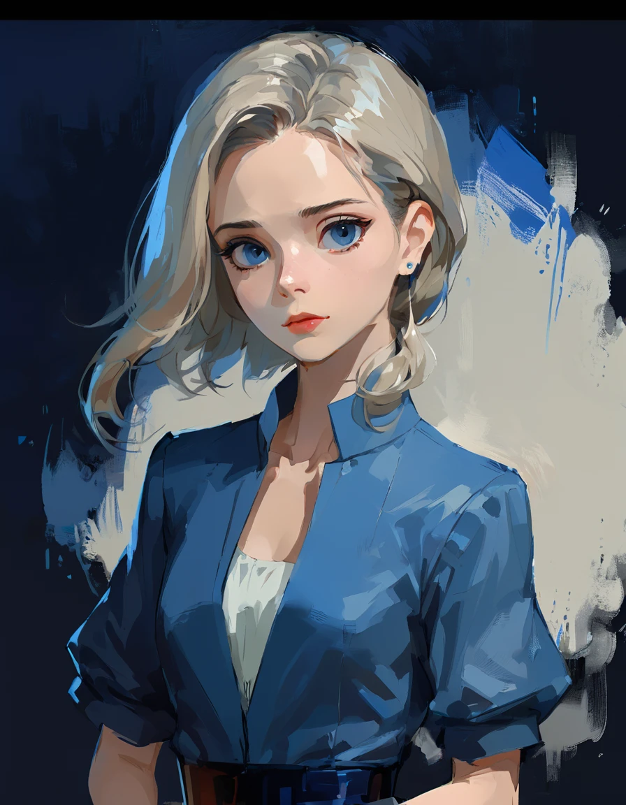 Carolina Herrera (Carolina Herrera) style【Gorgeous fashion designer】-,Casey Baugh 1girl style,Character concept design,Upper Body,(Clear Clay Painting:1.2),Cool colors,Dark background,Blue vibe,Stereo感,(real, realistic, Stereo:1.43)