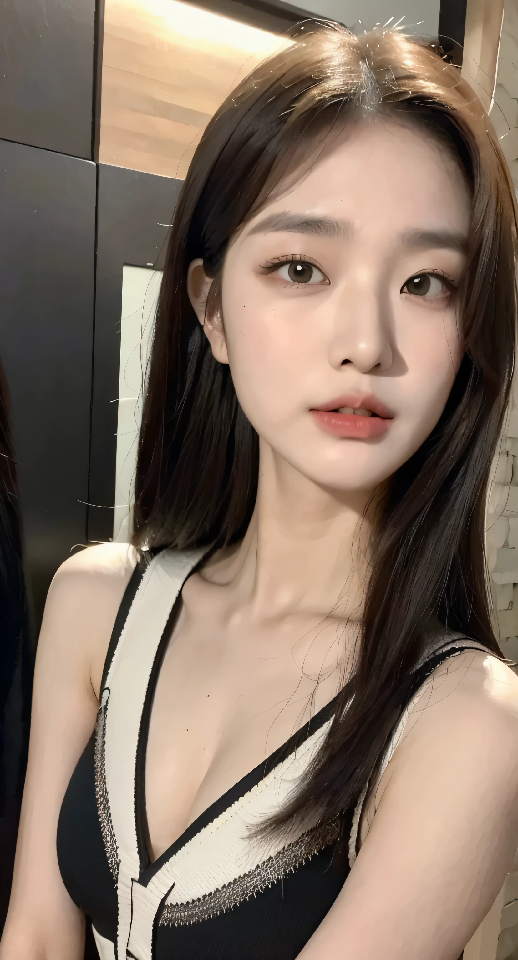 (1 Korean star with a cool and sophisticated style), ((best quality, 8k, masterpiece: 1.3)), focus: 1.2, perfect body beautiful: 1.4 , (Funny expression), (Night Street: 1.3), Highly detailed face and skin textures, beautiful eyes, double eyelids, Whitens skin, (Air bangs: 1.3), (round face: 1.5), (Thin strap top: 1.4),