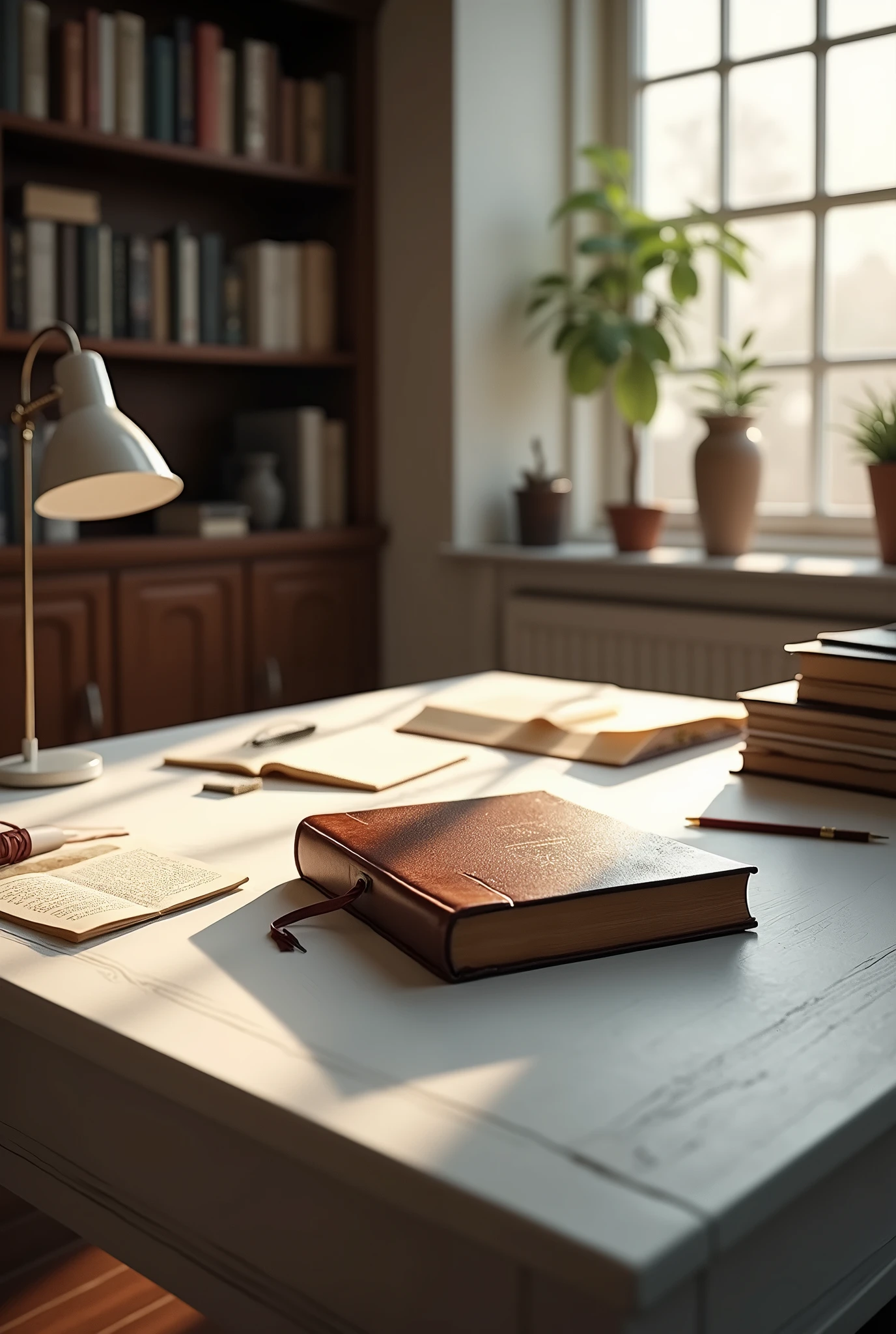 bible on white desk with study environment
