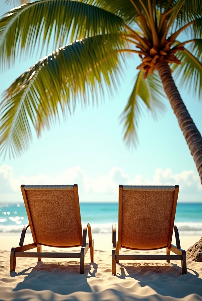 create two backward facing beach chairs and a coconut tree on the beach