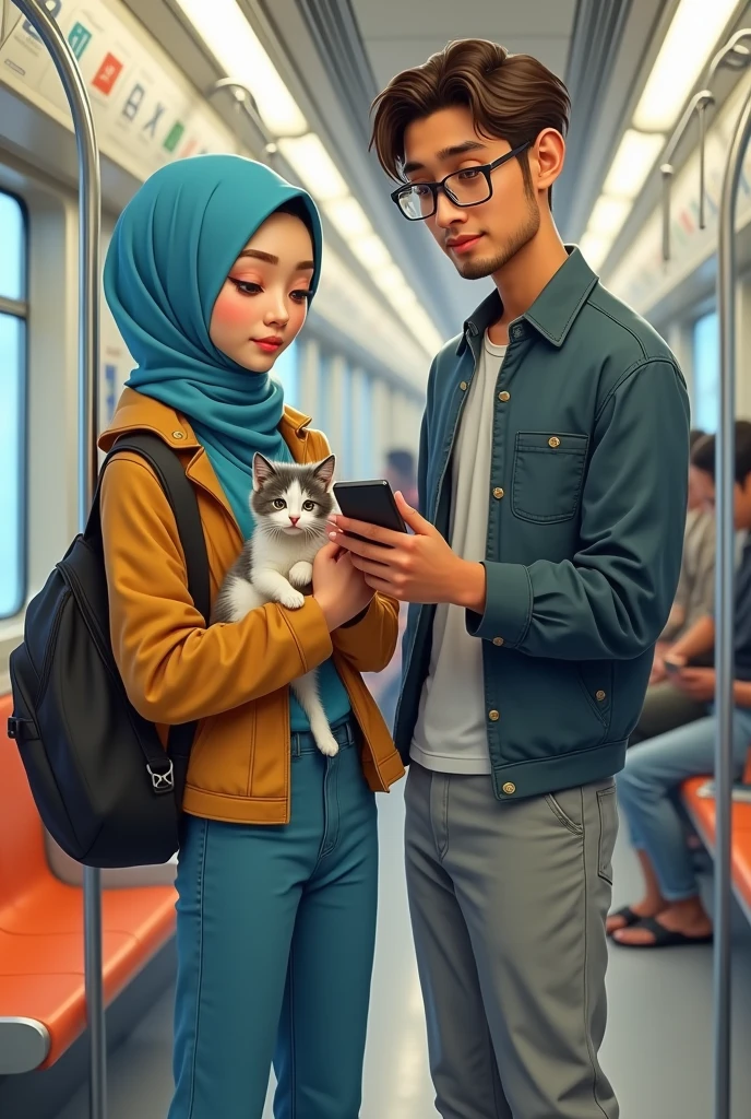 Une fille de 20 ans avec hidjab stylé bleue ciel aux yeux vert miel, avec une veste et une jean et des baskets blanches, prend un chaton blanc et gris et ragarde son amoureux.
Son amoureux de 20 ans a une tête rectangle, cheveux RASÉS et une barbe légère et porte des lunettes carrées avec des SANDALES es, un pantalon large gris et une chemise et il lit un livre sur l'électronique
Je précise il porte une CHEMISE chemise
il est débout avec des sandales
Dans un métro