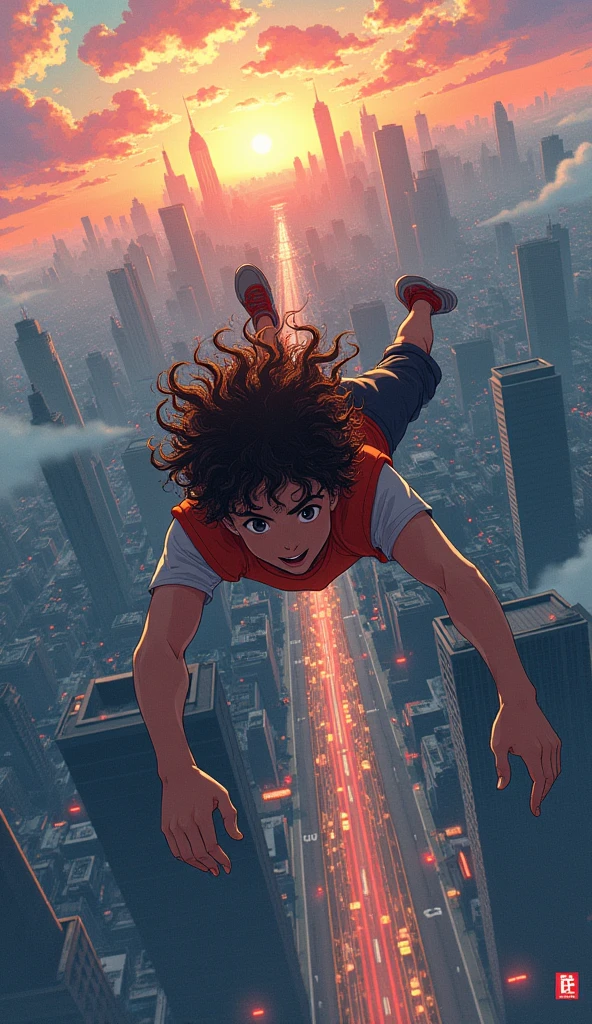 A young man with curly hair is falling from the sky into the bustling city below with a beautiful city view in the background versi anime