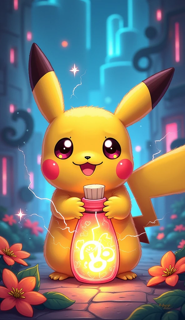Pokemon Pikachu Magic Bottle, Pikachu that generates electricity, Illustration Pokemon, Cyberpunk Pikachu, Pokemon art style, Cute, colorful and adorable, Concept art of Pikachu, 可爱的number艺术, Cute Pokemon style, Cartoon Vitality, Cute mouse Pokémon, 🌺 CG Society, Cute glowing creatures, Luminous Light! number, Pokemon anime style, 可爱细致的number艺术