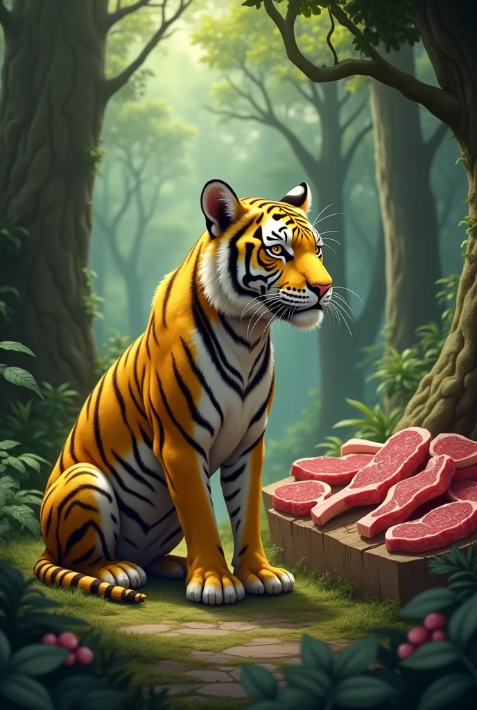 A thin yellow tiger,Malnutrition,Store lots of steaks in the cave,Cute and realistic風格,Background forest,Cute and realistic