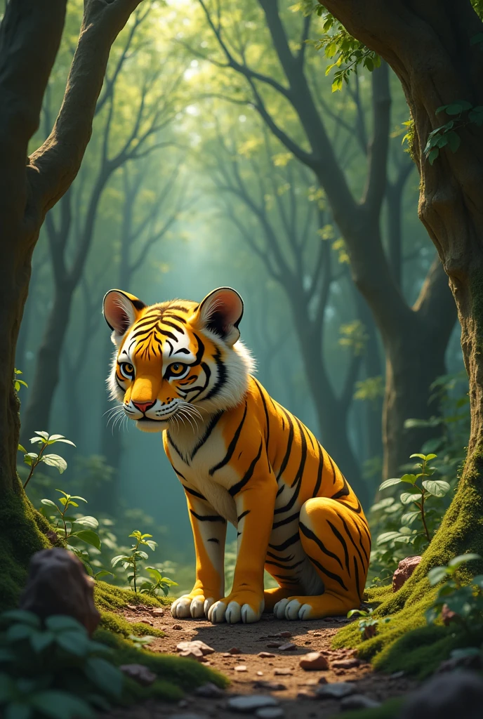 A thin yellow tiger,Malnutrition,Store lots of steaks in the cave,Cute and realistic風格,Background forest,Cute and realistic