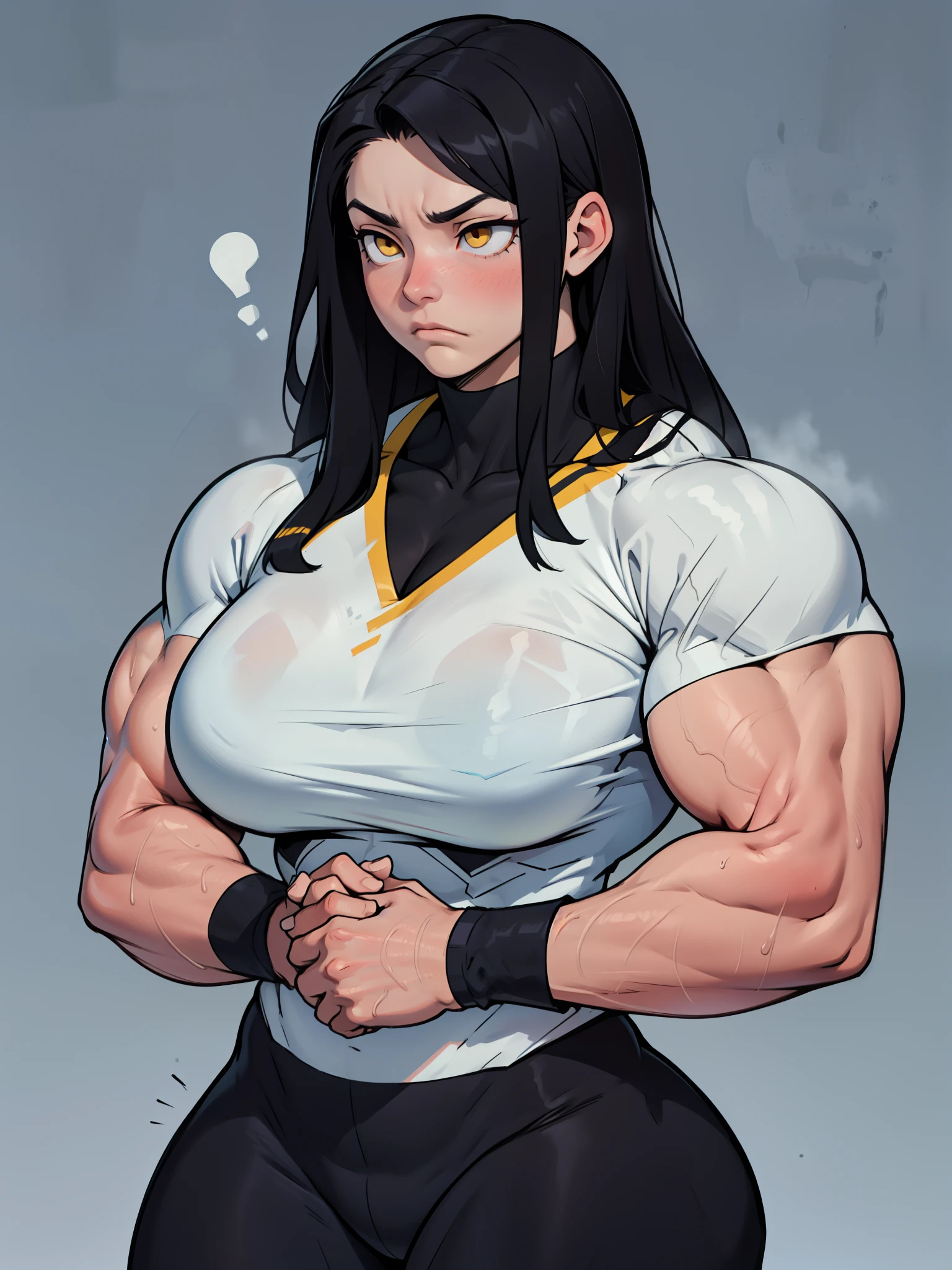 massive breasts huge breasts ((((muscular girl)))) ((((muscular girl)))) ((((muscular girl)))) toned body long hair black hair yellow eyes pale skin serious look empty eyes sad frown embarrassed embarrassed embarrassed embarrassed