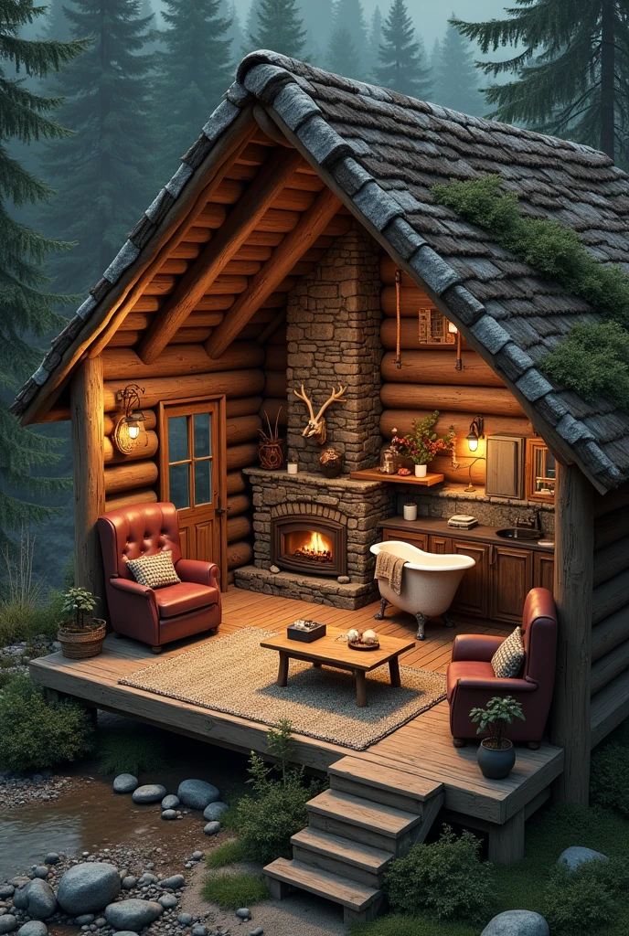 Make the design of a cabin inside fully furnished and realistic