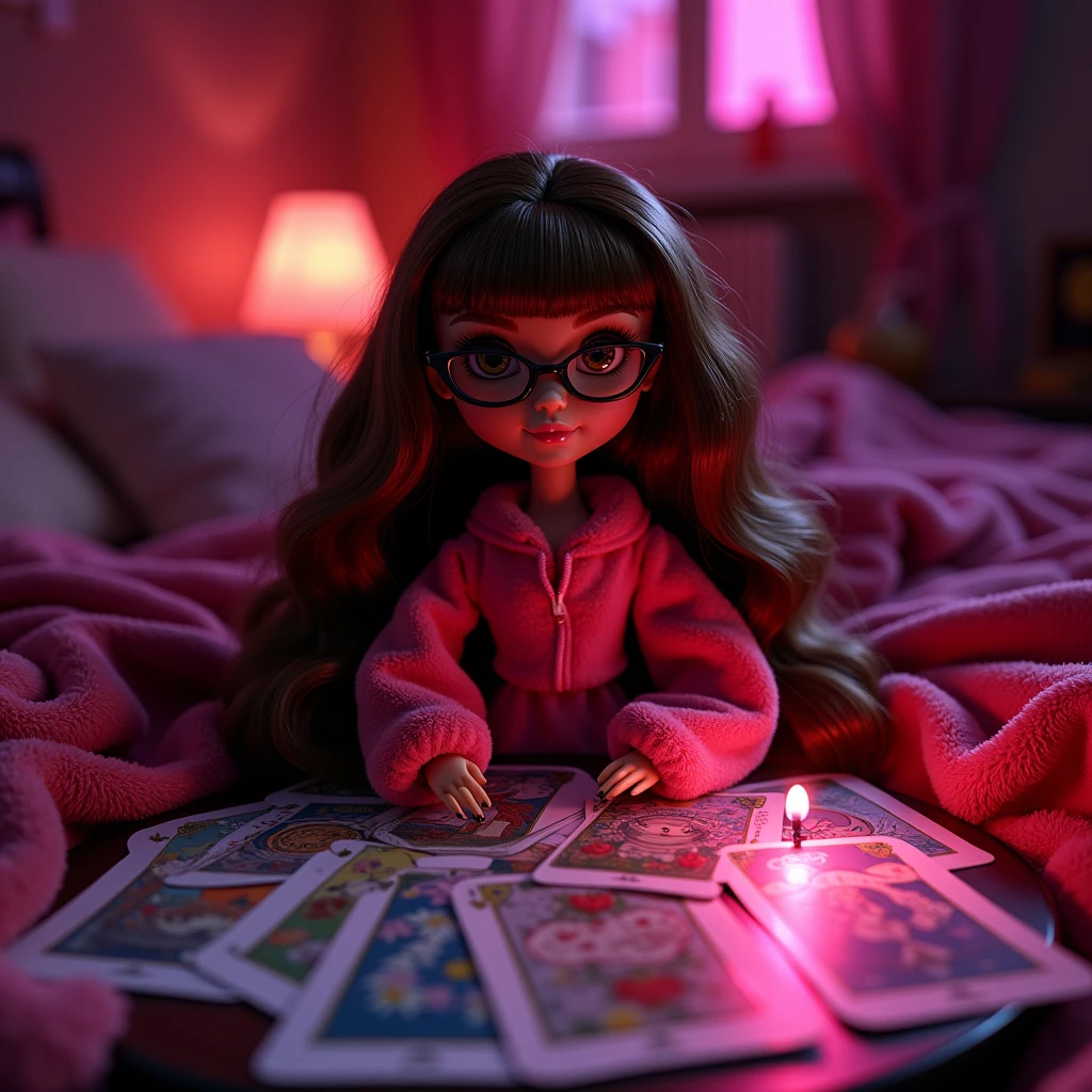 bratz in Velour , without bangs in round glasses with brown hair, in front of her on the a lot of tarot card table. There is a dark atmosphere around. There is a pink night light on the table that makes the room pink