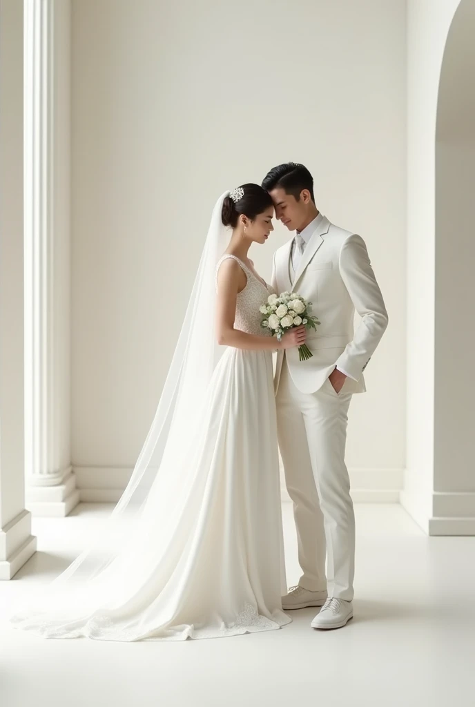 The woman model is wearing white veil with Caucasian long dress. The man model is Caucasian and wearing white suit