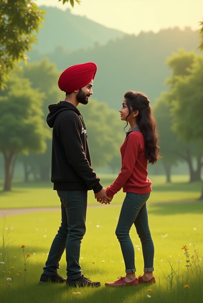 a18 years punjabi boy sir pe lal coolar ki turban pero me jute black coolar ke or hoodie pehan ke rakhi ho or hoodie pe name likha ho poorav ek pass me punjabi girl khadi ho hath pakad kr backgruand pahadi ho or green park me bethe ho dono girl and boy