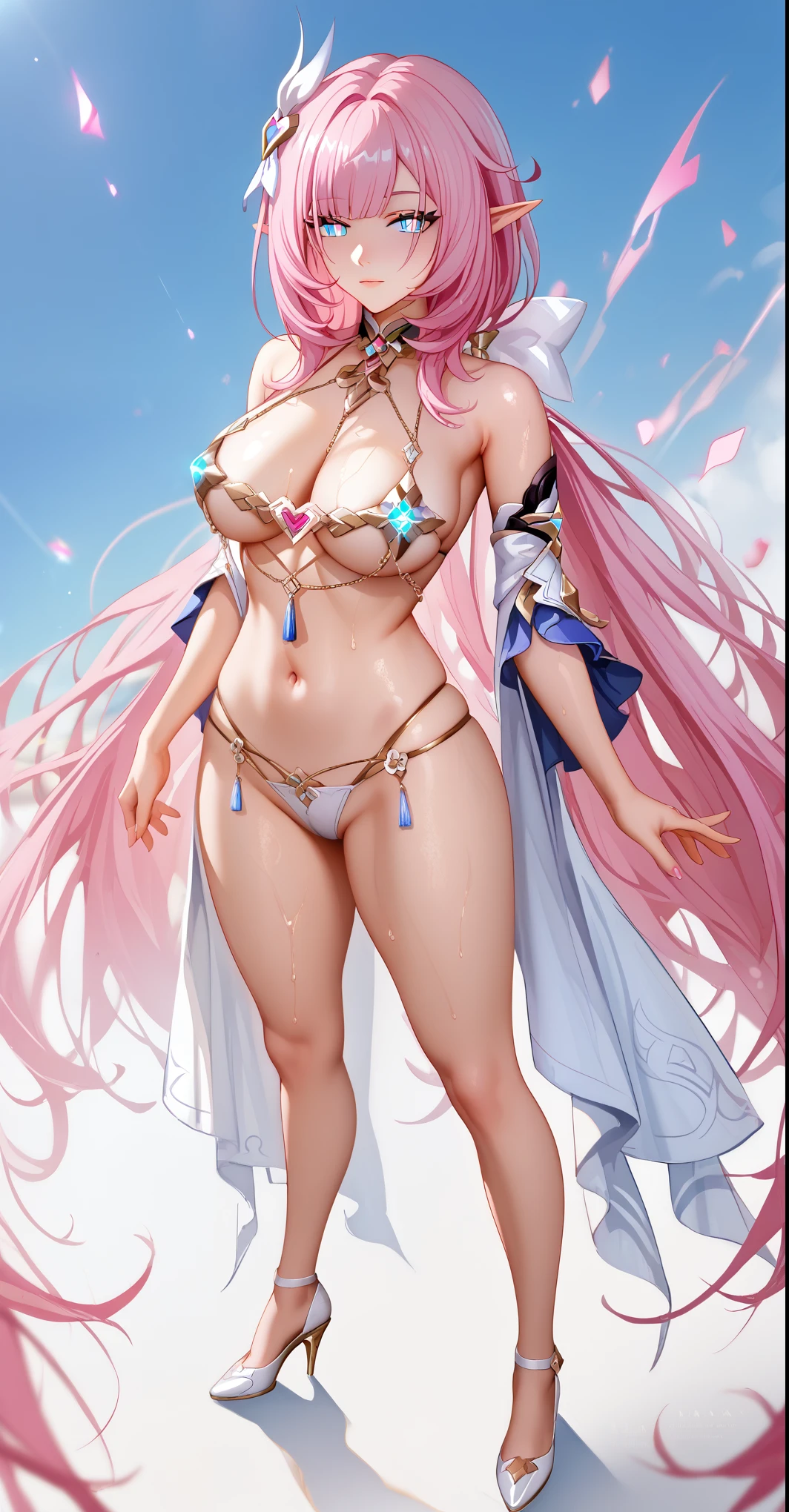 score_9, score_8_up, score_7_up, score_6_up, uncensored, elysia \(honkai impact\), slit pupils, pink pupils, elf, pointy ears, pink hair, long hair, blue eyes, bangs, large breasts, low ponytail, hair ornament, BREAK detailed eyes, (perfect hands, perfect anatomy), Anime Style, Manga Style, Hand drawn, cinematic, Sharp focus, humorous illustration, big depth of field, Masterpiece, concept art, trending on artstation, Vivid colors, Simplified style, trending on ArtStation, trending on CGSociety, Intricate, Vibrant colors, Soft Shading, Simplistic Features, Sharp Angles, Playful, excessive sweating, sweating profusely, sweating drop BREAK, venus bikini, fortune bikini, naked jewelry, navel, large breasts, standing, full body, from above, looking at viewer, glowing, high_heels, science_fiction, expressionless, curvy, thighs, thick, half-closed eyes, 