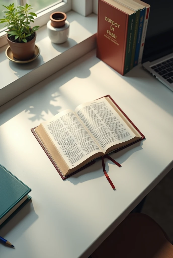 open bible on white desk with study environment aerial view