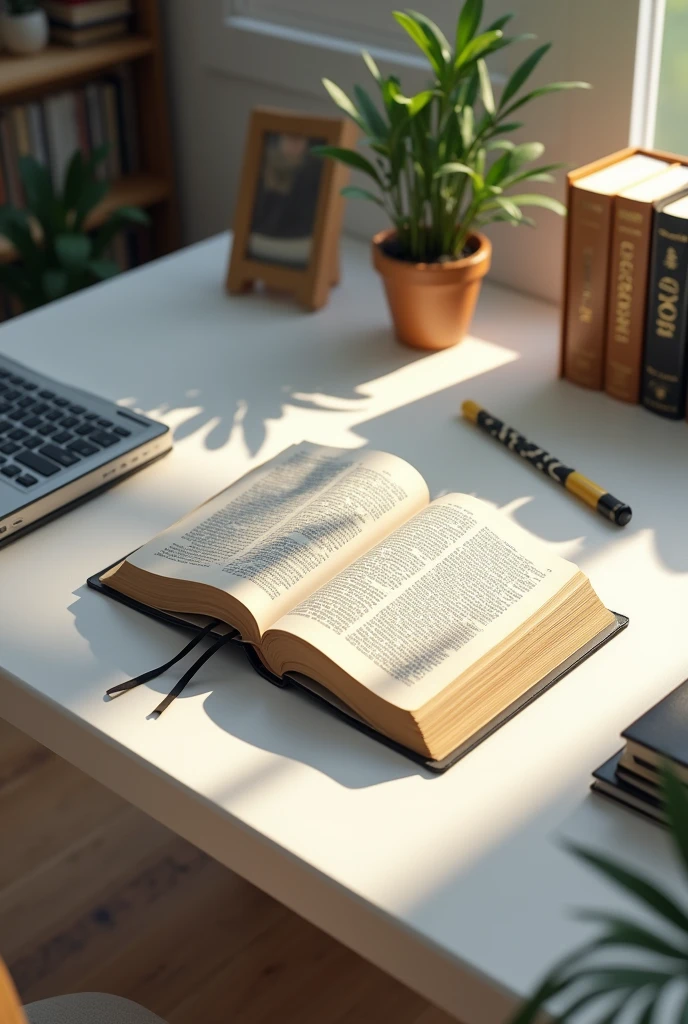 open bible on white desk with study environment aerial view