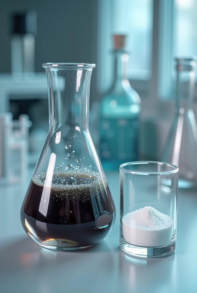 a beaker containing an emulsion of crude oil and next to it a watch glass containing barium sulfate