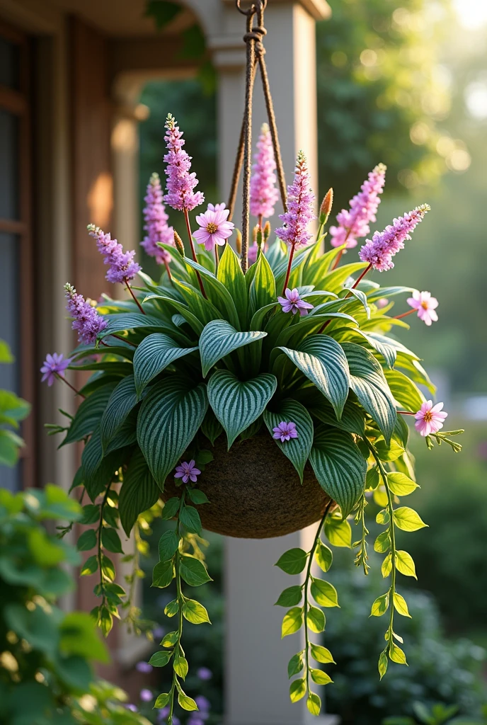 Create a realistic garden scene featuring Tradescantia in full bloom. The image should showcase a lush, thriving Tradescantia plant in a garden bed or hanging basket. The plant should have trailing stems with vibrant, variegated leaves in shades of deep green, purple, and silver. Some leaves may display a subtle iridescence or striking stripes. Include delicate, small flowers in shades of pink, purple, or white, blooming amidst the foliage. The background should feature a typical garden setting with natural light, emphasizing the plant's vibrant colors and cascading growth. The overall atmosphere should be warm and inviting, capturing the plant’s beauty in a natural garden environment.