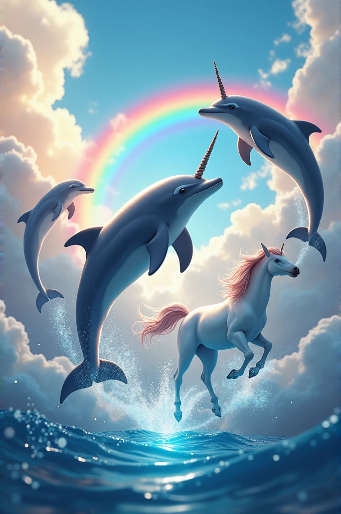 Dolphins jumping with unicorns and rainbows